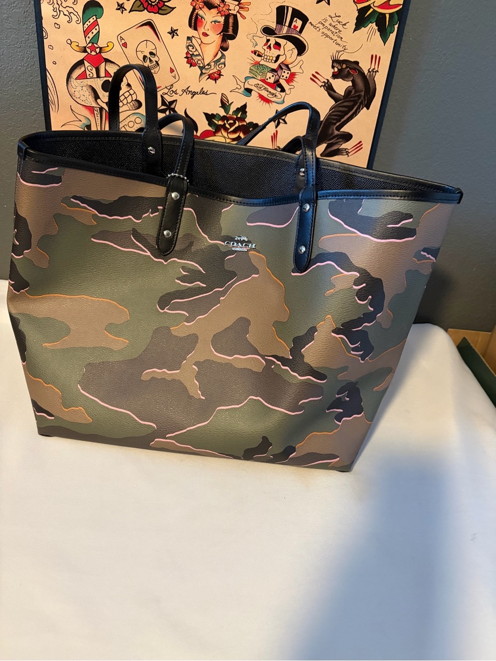 Coach Camouflage Print Leather Tote in Green, Pink & Black